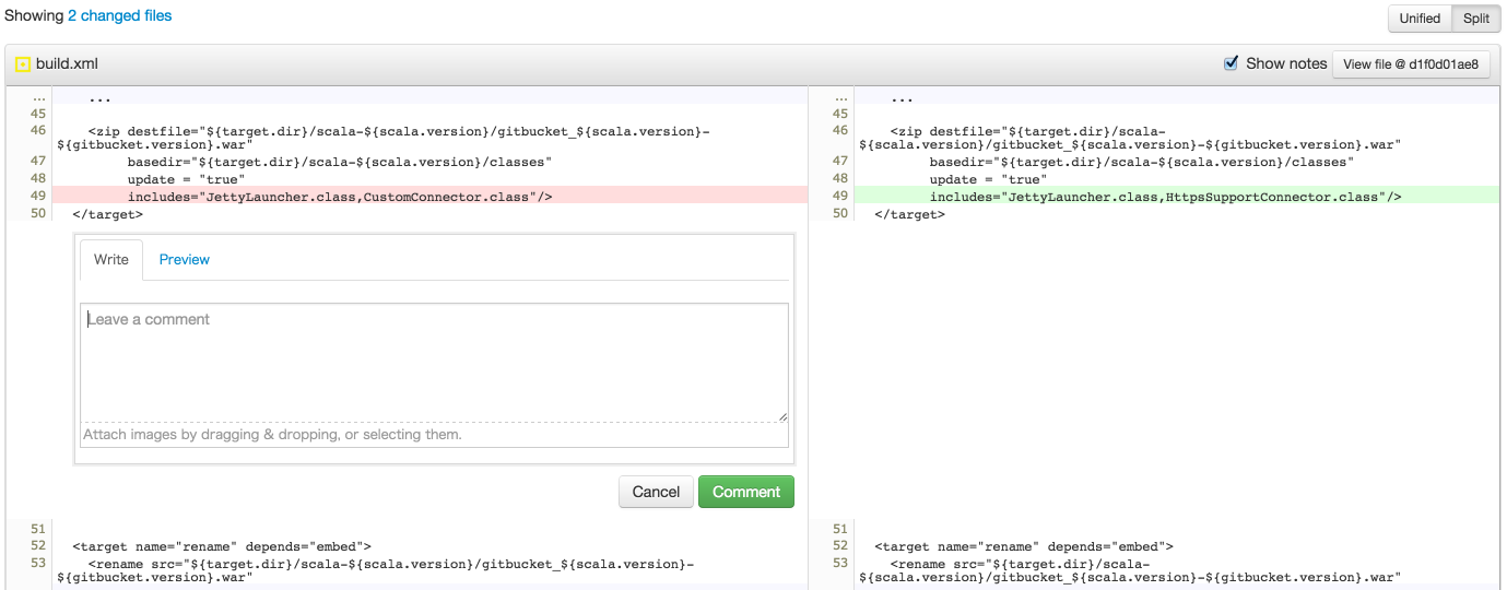 Comment for changeset in side-by-side style