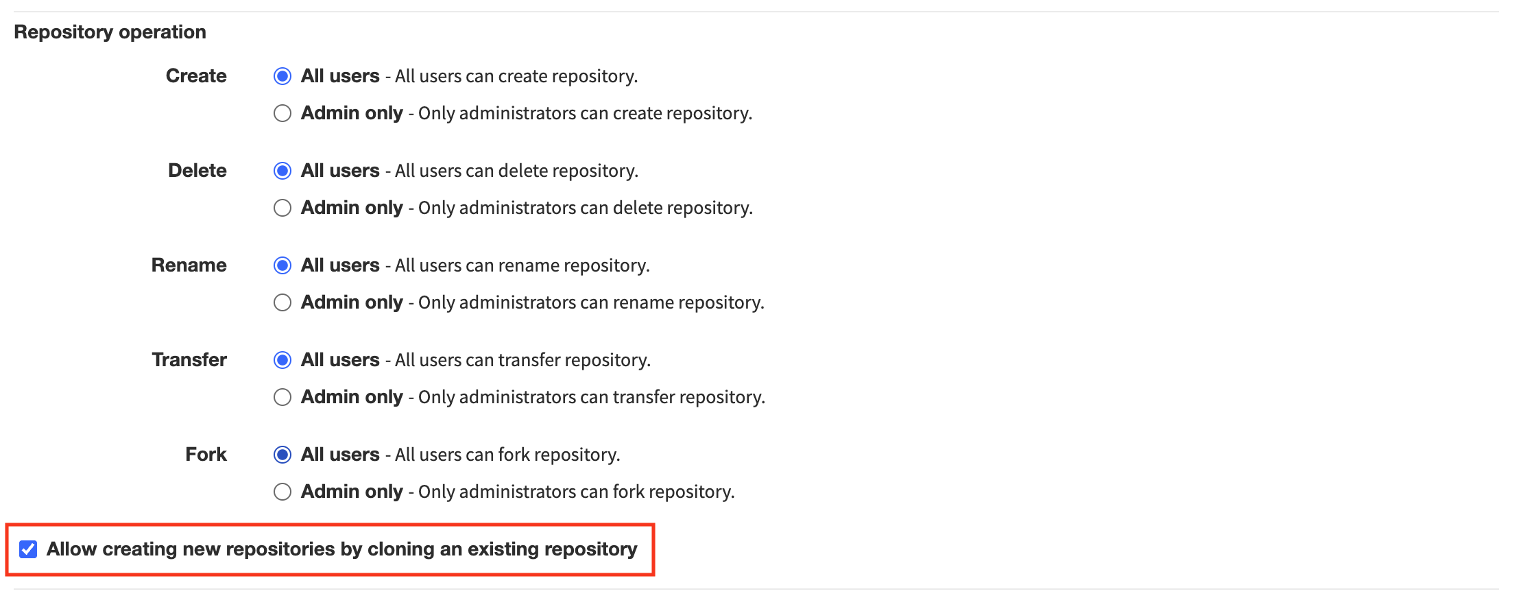 Disable creating repostory by cloning