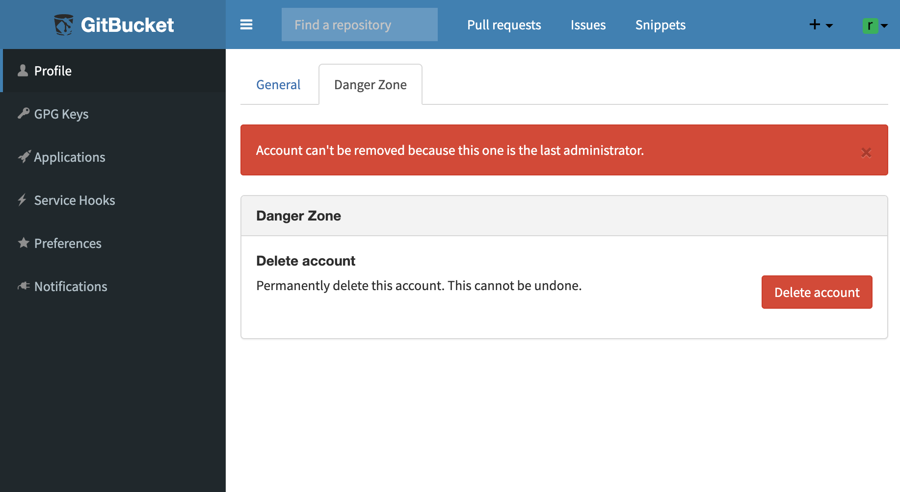 Danger Zone in user settings