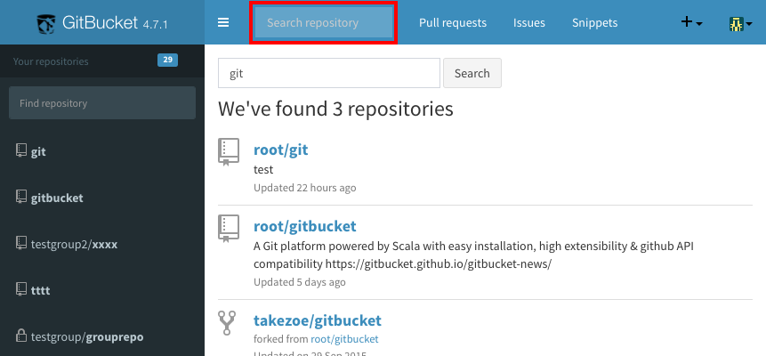 Repository search box on the header